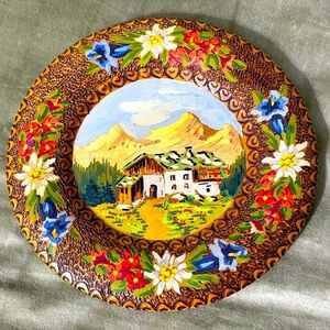 Vintage wooden plate handmade and hand painted made in Austria floral house #16